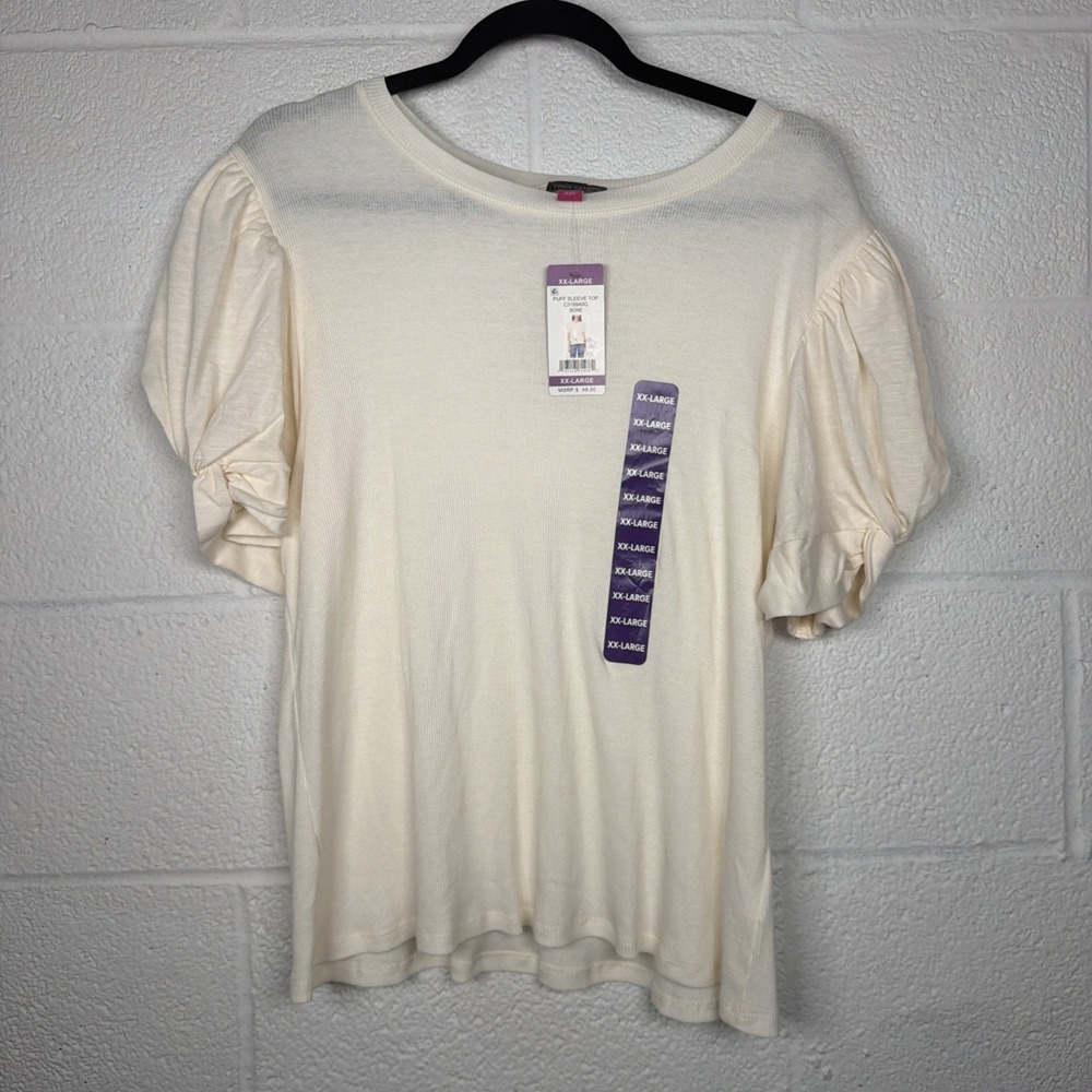 Vince Camuto Bone Ivory Cream White Ribbed Puff Sleeve Top XXL NWT Fitted Y2K